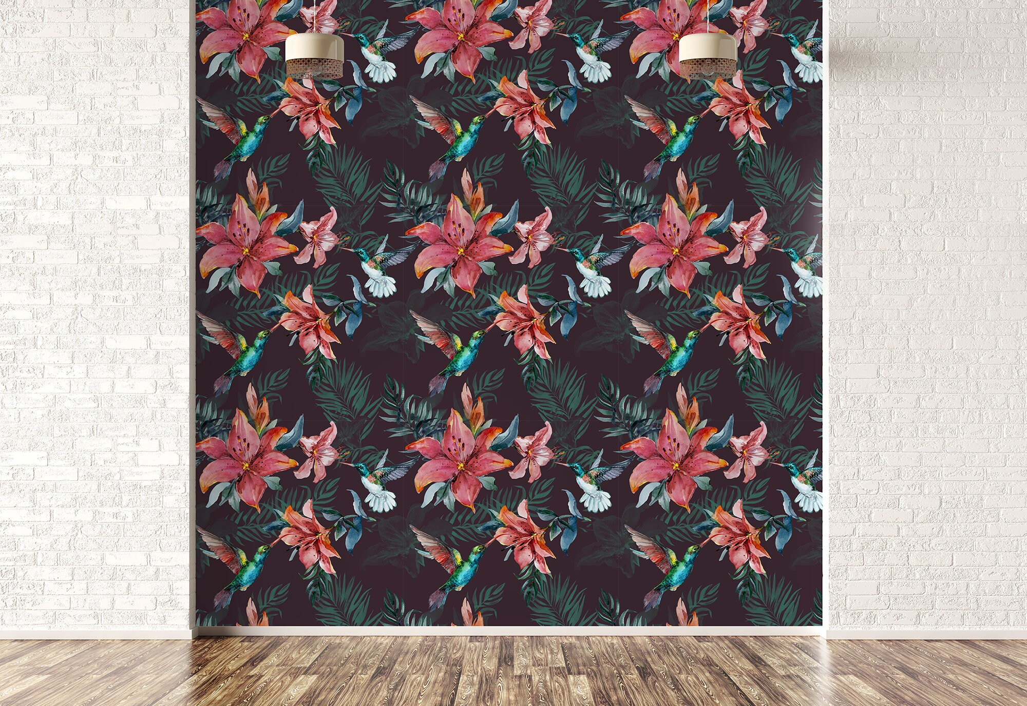 Dark Exotic Floral Wallpaper With Red Flowers and Hummingbirds, Exotic ...