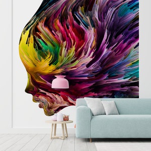 Colorful art wallpaper with a mysterious face, Wall Mural, Removable Wallpaper, Self Adhesive, Peel and Stick, Wall Decor