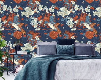 Vintage wallpaper with bird and flowers, Removable Wallpaper, Self Adhesive, Peel and Stick, Wall Decor