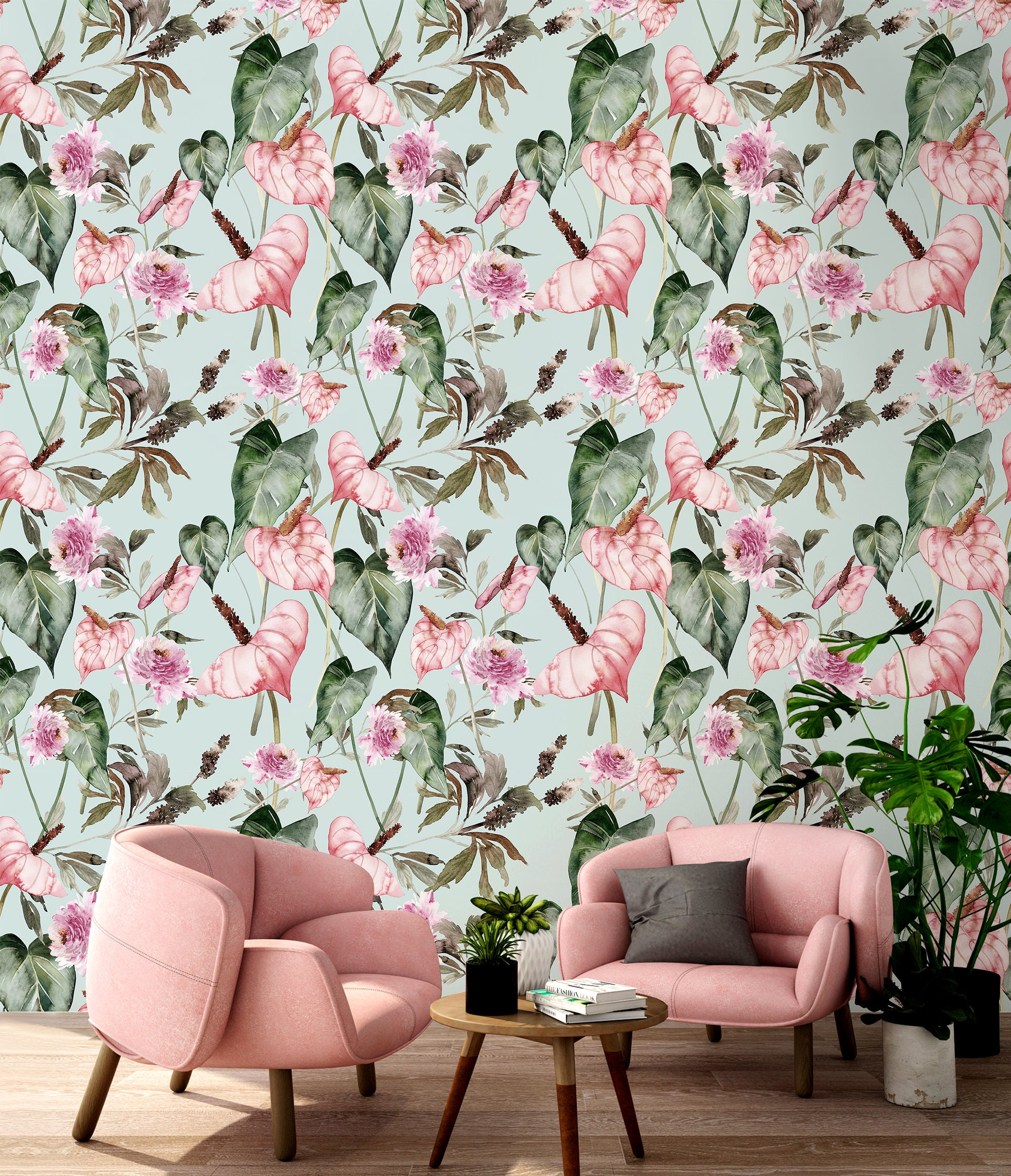 Mint Floral Wallpaper With Pink Flowers and Green Leaves Peel Etsy