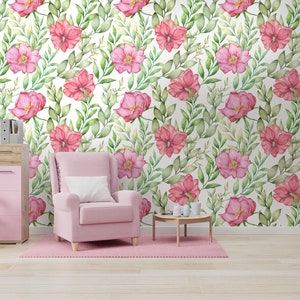 Watercolor wallpaper with leaves, pink flowers, Wall Mural, Removable Wallpaper, Self Adhesive, Peel and Stick, Wall Decor