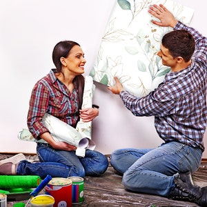 Hermoso papel tapiz verde claro mate con hojas de acuarela, mural de pared extraíble, autoadhesivo, con diseño floral. imagen 7