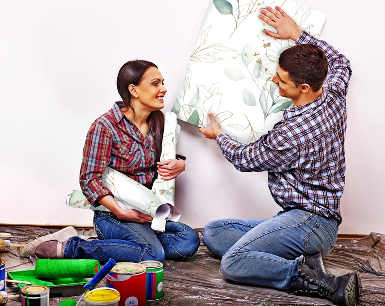 Hermoso papel tapiz verde claro mate con hojas de acuarela, mural de pared extraíble, autoadhesivo, con diseño floral. imagen 7