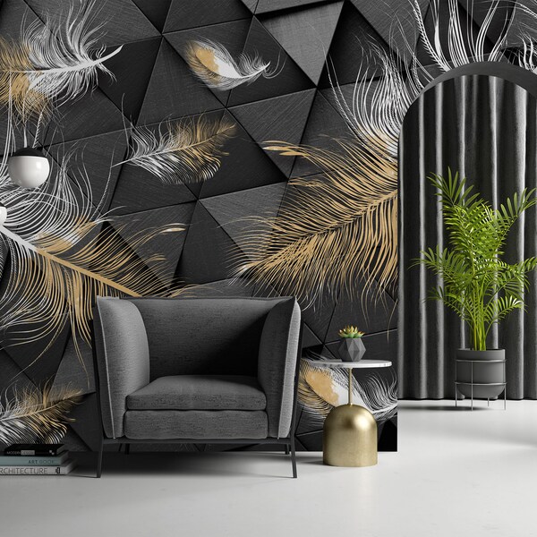 Feathers Black And White Peel And Stick Wallpaper – Uniquely Wallpaper - View #2