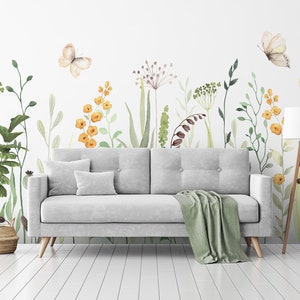 Blumentapete, abstrakte Blumen, grüne Blätter, Schmetterlinge, Wandbild, abnehmbare Tapete, selbstklebend, abziehen und aufkleben, Wanddekoration