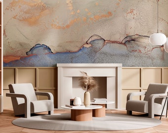 May include: A living room interior with two armchairs, a coffee table, a fireplace, and a bookshelf. The wall features a large abstract painting with blue, brown, and gold tones.