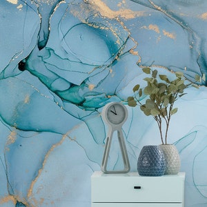 Carta da parati in marmo opaco blu e giallo, pittura murale astratta dell'acquerello, carta da parati rimovibile, autoadesiva, stacca e incolla, decorazione della parete
