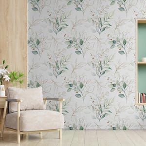 Hermoso papel tapiz verde claro mate con hojas de acuarela, mural de pared extraíble, autoadhesivo, con diseño floral. imagen 4