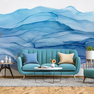 Carta da parati astratta con onde blu e bianche, decorazione murale, rimovibile, autoadesiva (stacca e incolla), non autoadesiva (vinile), decorazione da parete