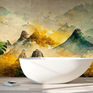 Watercolor wallpaper, mountain landscape, Wall Mural, Removable, Self Adhesive (Peel and Stick), Non Self Adhesive (Vinyl), Wall Decor