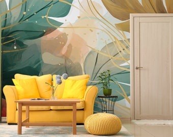 Papel pintado de hojas tropicales abstractas de acuarela, mural de pared, extraíble, autoadhesivo (pelar y pegar) o no autoadhesivo (vinilo), decoración de pared