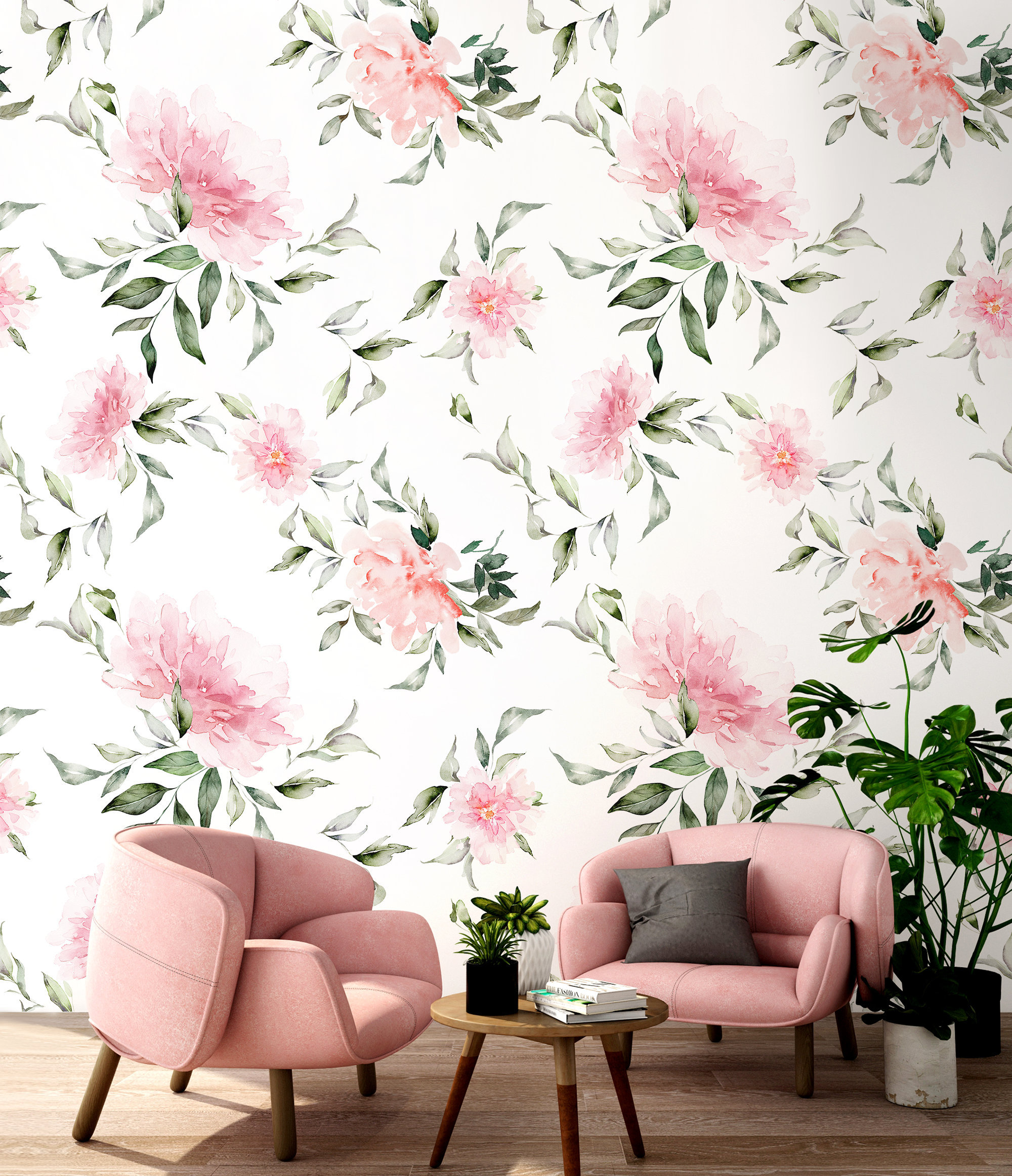 Beautiful White Floral Wallpaper With Watercolor Pink Peonies and Roses ...
