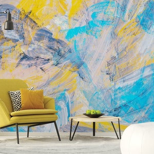 Abstrakte moderne Tapete mit Blau und Gelb, abnehmbare Tapete, selbstklebend, abziehen und aufkleben, Wanddekoration