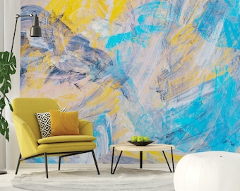 Papel de parede abstrato moderno em azul e amarelo, removível, autoadesivo, fácil de aplicar, decoração de parede.