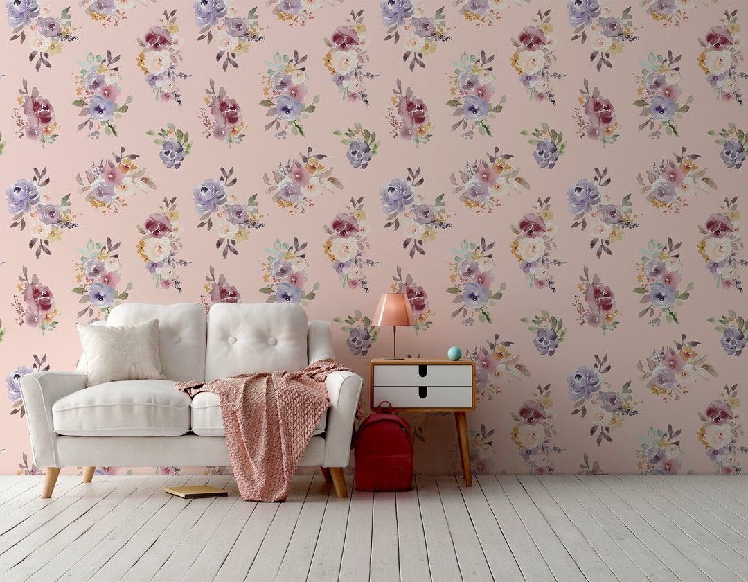 Light Pink Floral Watercolor Wallpaper With Bouquets of Flowers, Peel ...