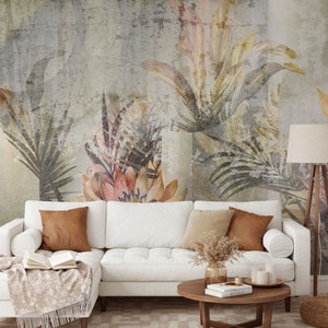 Pastel tropical watercolor wallpaper, vintage style, Wall Mural, Removable, Self Adhesive (Peel&Stick), Non Self Adhesive(Vinyl), Wall Decor