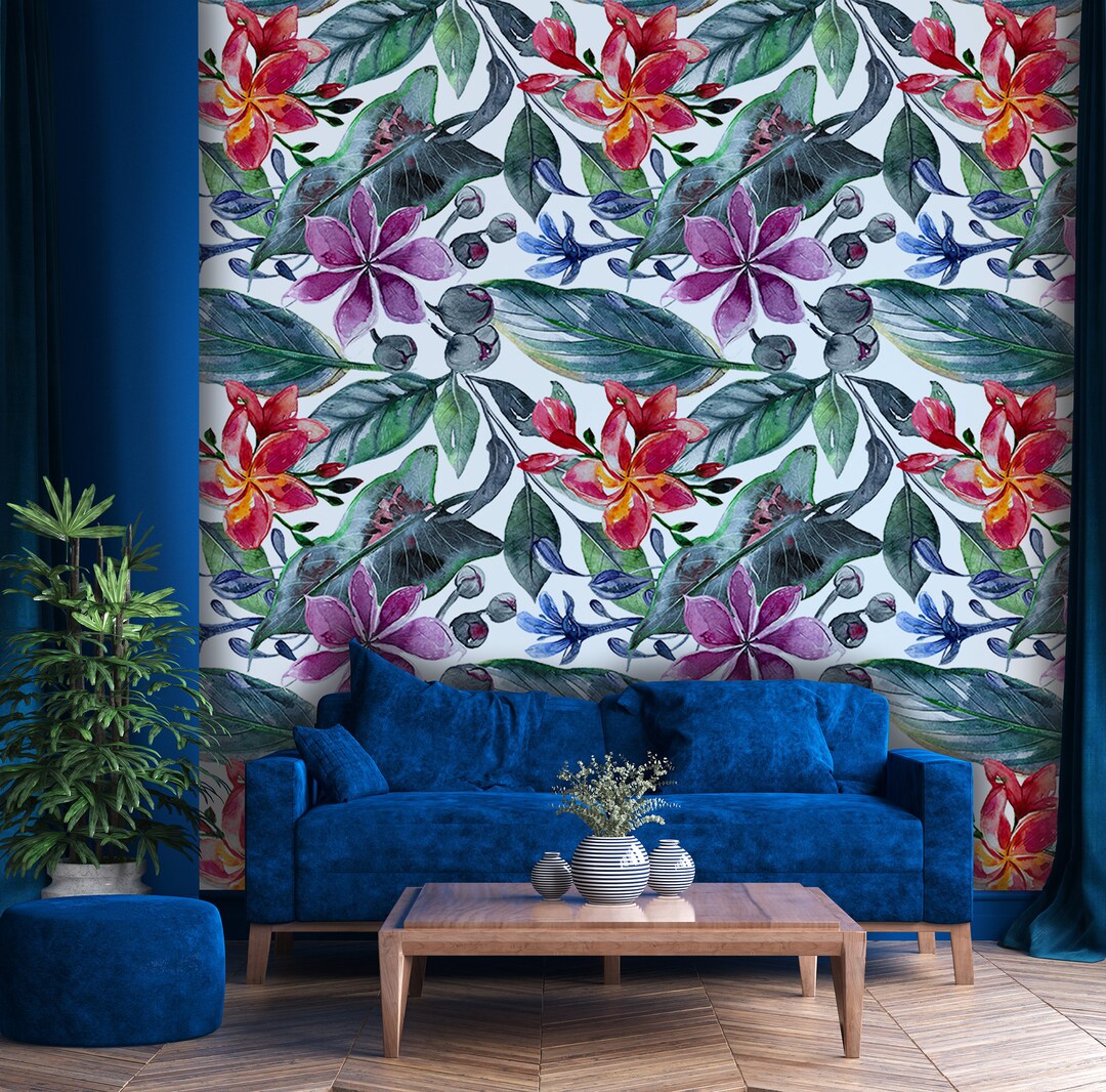 Watercolor Floral Wallpaper With Red Flowers and Green Leaves Etsy