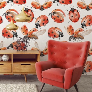 Carta da parati con coccinella, motivo animale, decorazione murale ad acquerello, autoadesiva (stacca e incolla) o non autoadesiva (vinile/tradizionale)