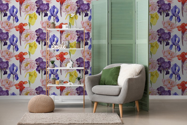 Watercolor Floral Wallpaper, Colorful Flowers, Wall Mural, Self ...