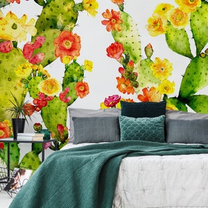Carta da parati rimovibile con cactus in fiore ad acquerello, stampa floreale, autoadesiva (stacca e incolla) o non autoadesiva (vinile/tradizionale)