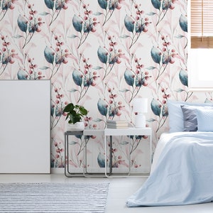 Watercolor floral wallpaper with leaves, Wall Mural, Removable, Self Adhesive (Peel and Stick), Non Self Adhesive (Vinyl), Wall Decor