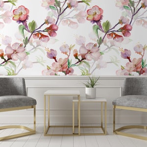 Watercolor wallpaper, pink spring branch, Wall Mural, Self Adhesive (Peel and Stick) or Non Self Adhesive (Vinyl/Traditional)