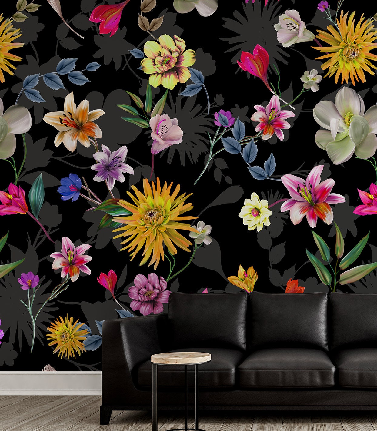 Dark Floral Peel and Stick Wallpaper, With Colorful Flowers and Leaves ...