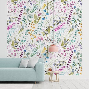 Aquarelltapete, buntes Blumenmuster, weißer Hintergrund, Wandbild, abnehmbare Tapete, selbstklebend, abziehen und aufkleben, Wanddekoration