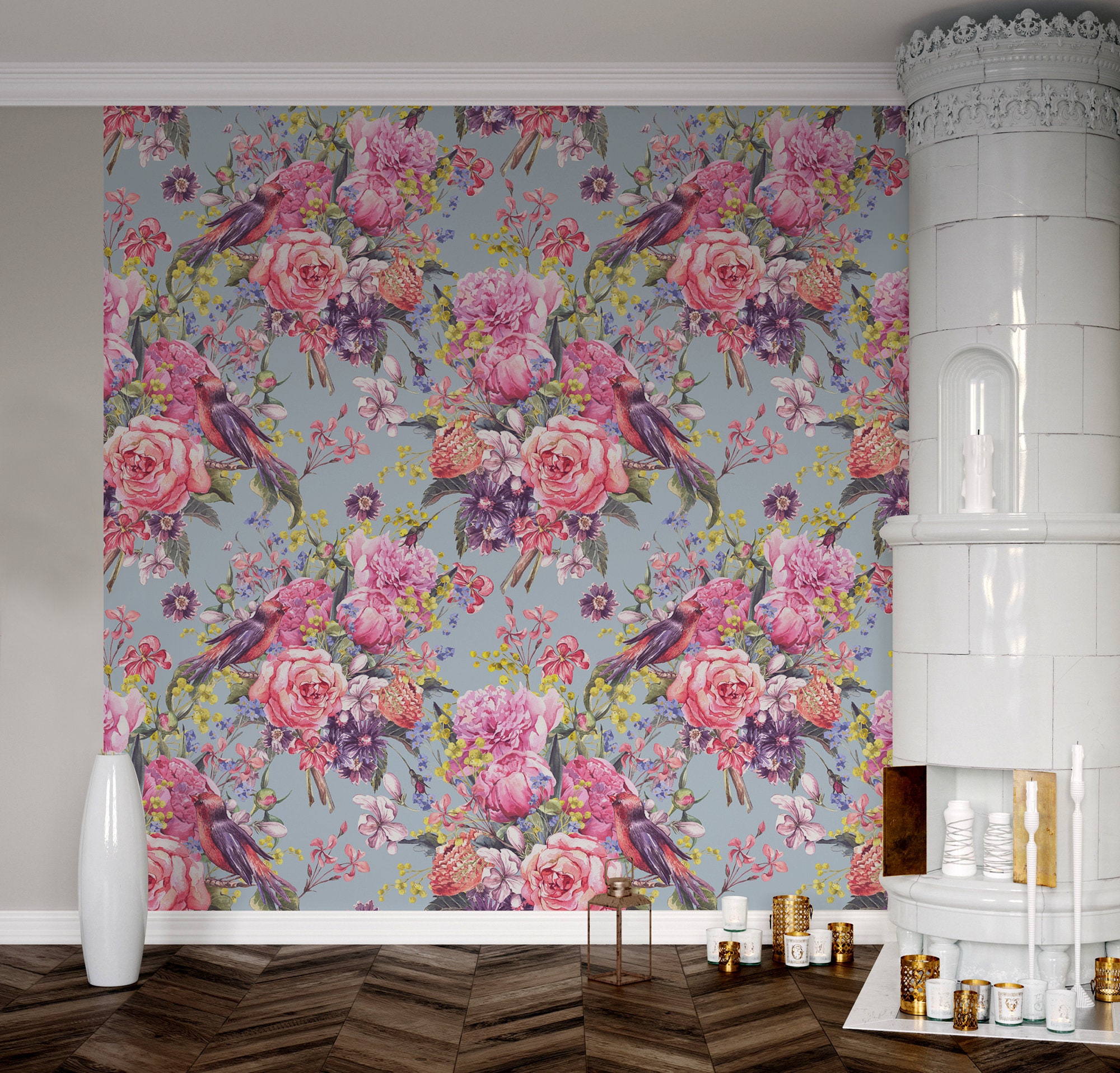 Beautiful Watercolor Wallpaper With Pink Flowers Bouquets and | Etsy