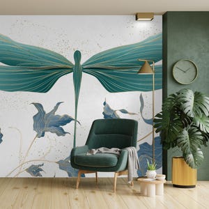 Watercolor luxury wallpaper, flowers and dragonfly wall mural, Removable Wall Art, Peel and Stick or Non Self Adhesive (Vinyl), Wall Decor