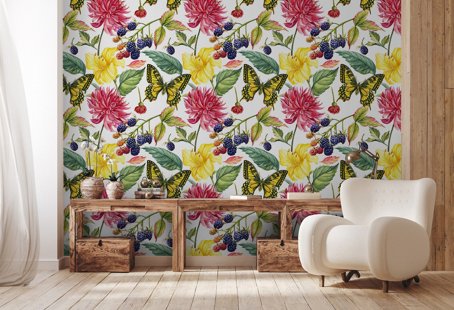 Watercolor Butterfly Wallpaper, Floral and Leaf Pattern, Wall Mural ...