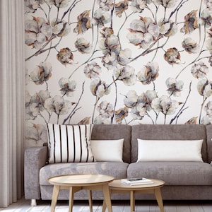 Watercolor wallpaper with twigs and cotton flowers, Removable Wallpaper, Self Adhesive, Peel and Stick, Wall Decor