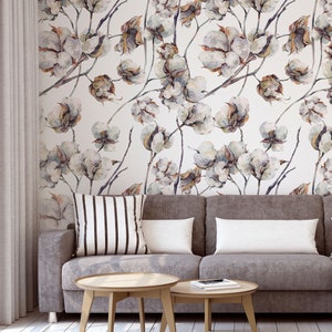 Aquarelltapete mit Zweigen und Baumwollblumen, abnehmbare Tapete, selbstklebend, abziehen und aufkleben, Wanddekoration