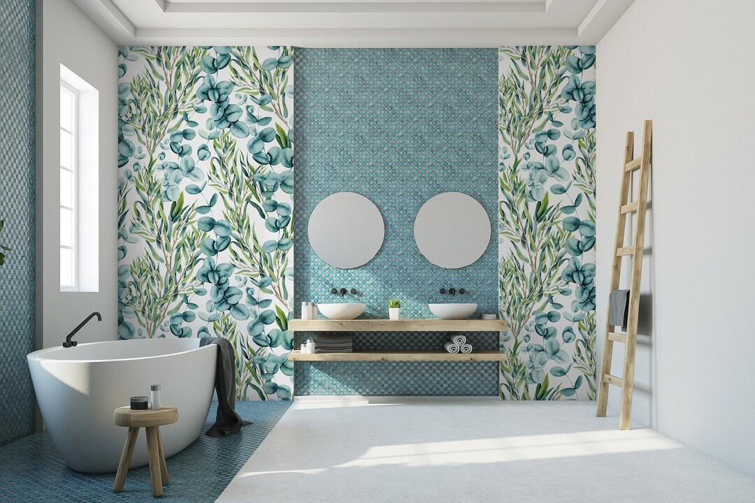 Watercolor Eucalyptus Leaves Wallpaper, Wall Mural, Removable, Self