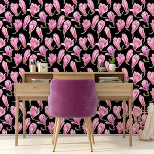 Watercolor wallpaper with flowers of pink magnolia, Wall Mural, Self Adhesive (Peel and Stick) or Non Self Adhesive (Vinyl/Traditional)
