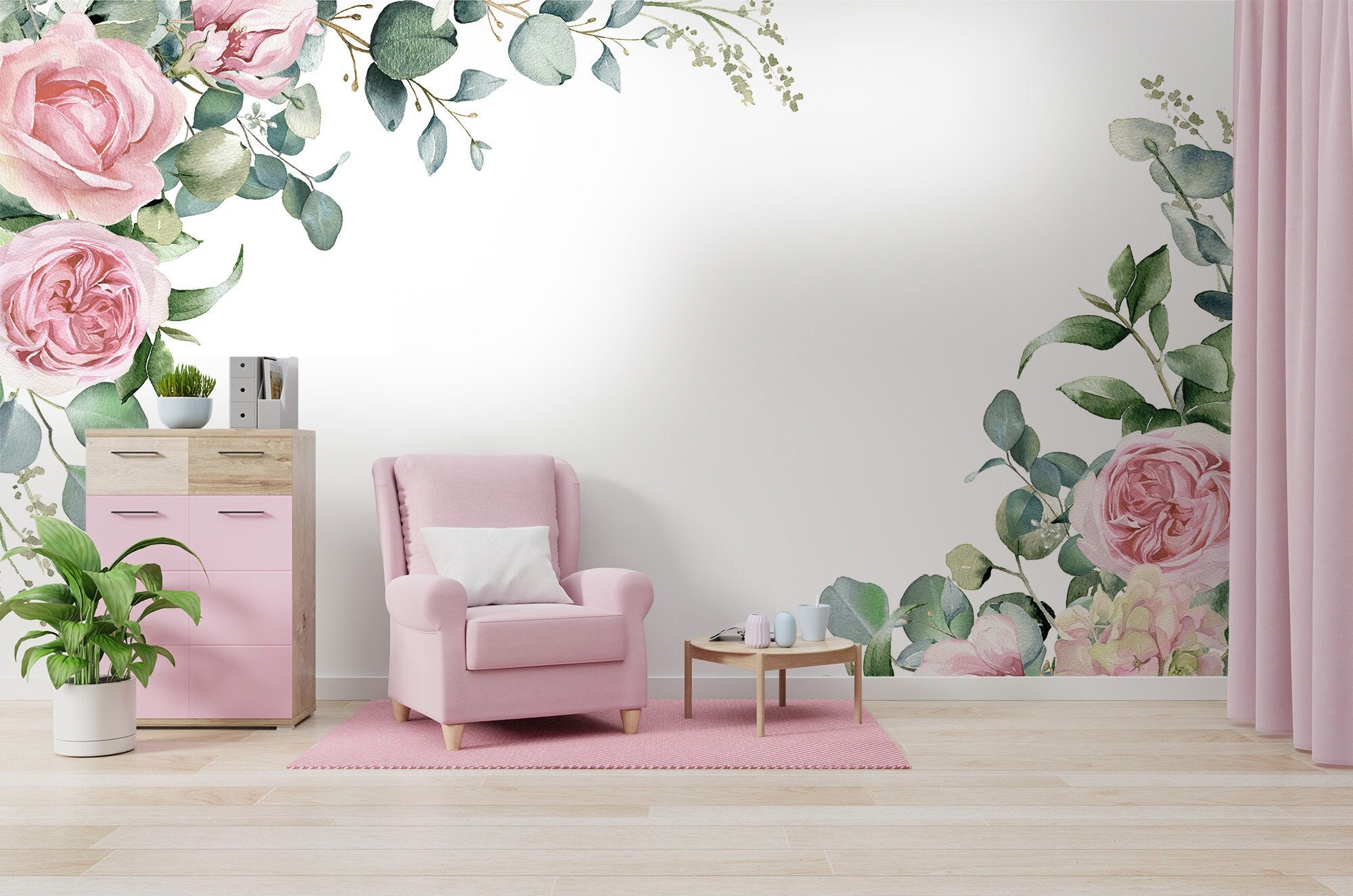 Watercolor Floral Wallpaper With Pink Flowers, Wall Mural, Self ...