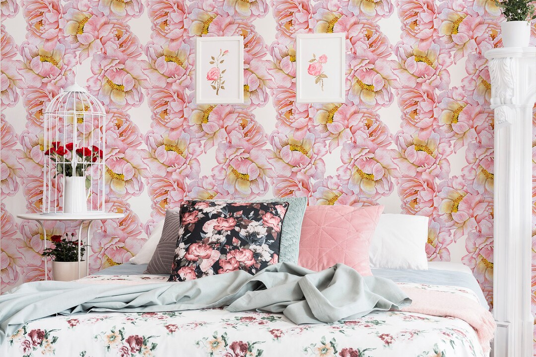 Watercolor Wallpaper Pink Peony Flower, Wall Mural, Self Adhesive (peel ...