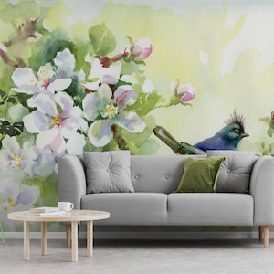 Aquarelltapete, Frühlingsvögel, Zweig mit blühenden Blumen, Wandbild, abnehmbare Tapete, selbstklebend, abziehen und aufkleben, Wanddekoration