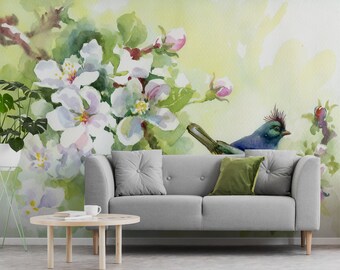 Watercolor Wallpaper Spring Birds Branch With Blooming - Etsy Watercolor Wallpaper Spring Birds Branch With Blooming - Etsy