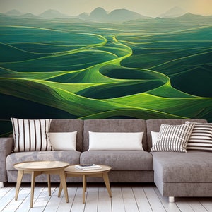 Green landscape wallpaper, hills and mountains, Wall Mural, Removable, Self Adhesive (Peel and Stick), Non Self Adhesive (Vinyl), Wall Decor