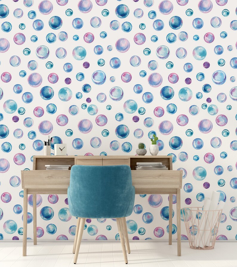 Watercolor Wallpaper With Bubbles, Wall Mural, Removable, Self Adhesive ...