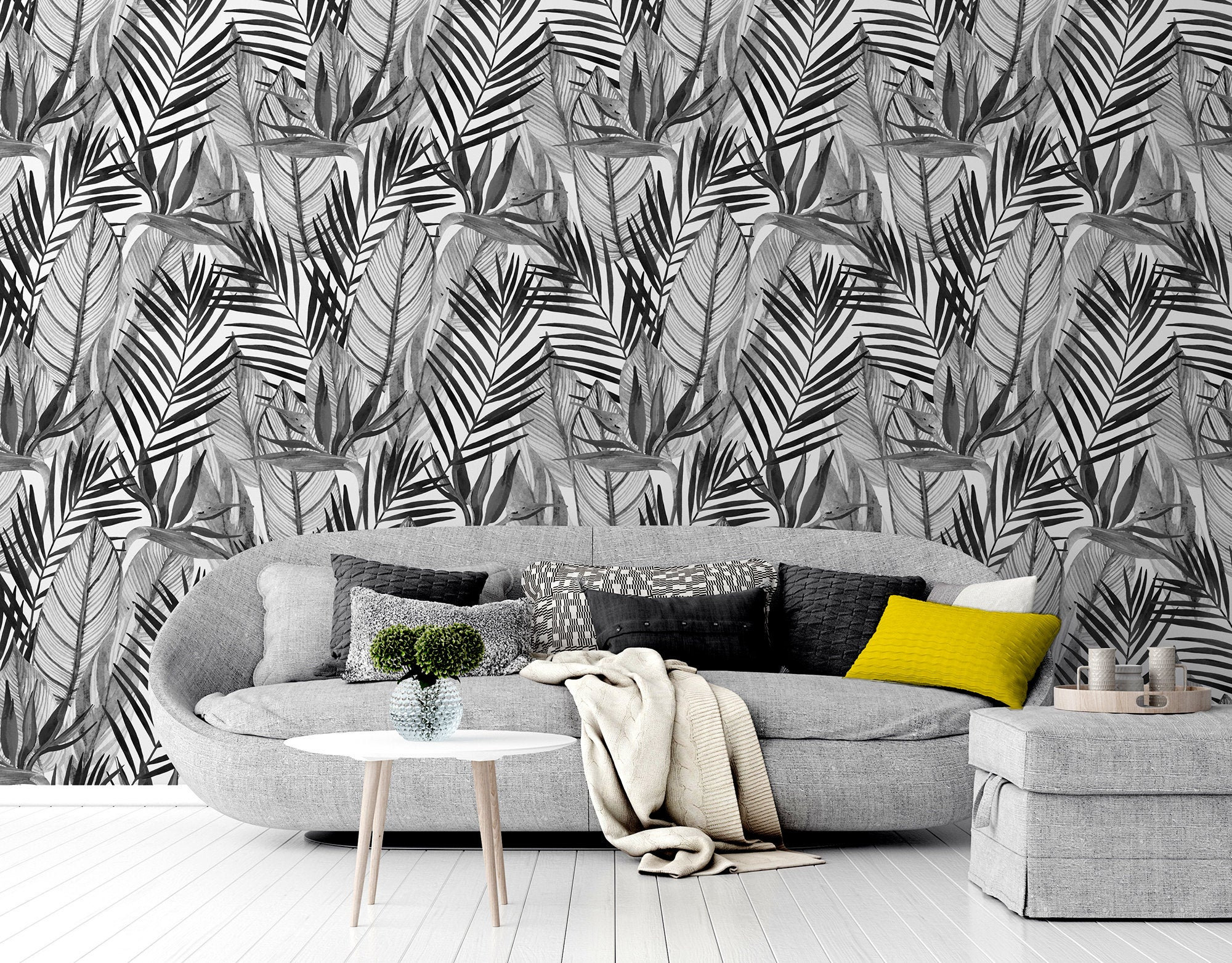 Black and White Wallpaper With Palm Leaves, Tropical Leaves, Exotic ...