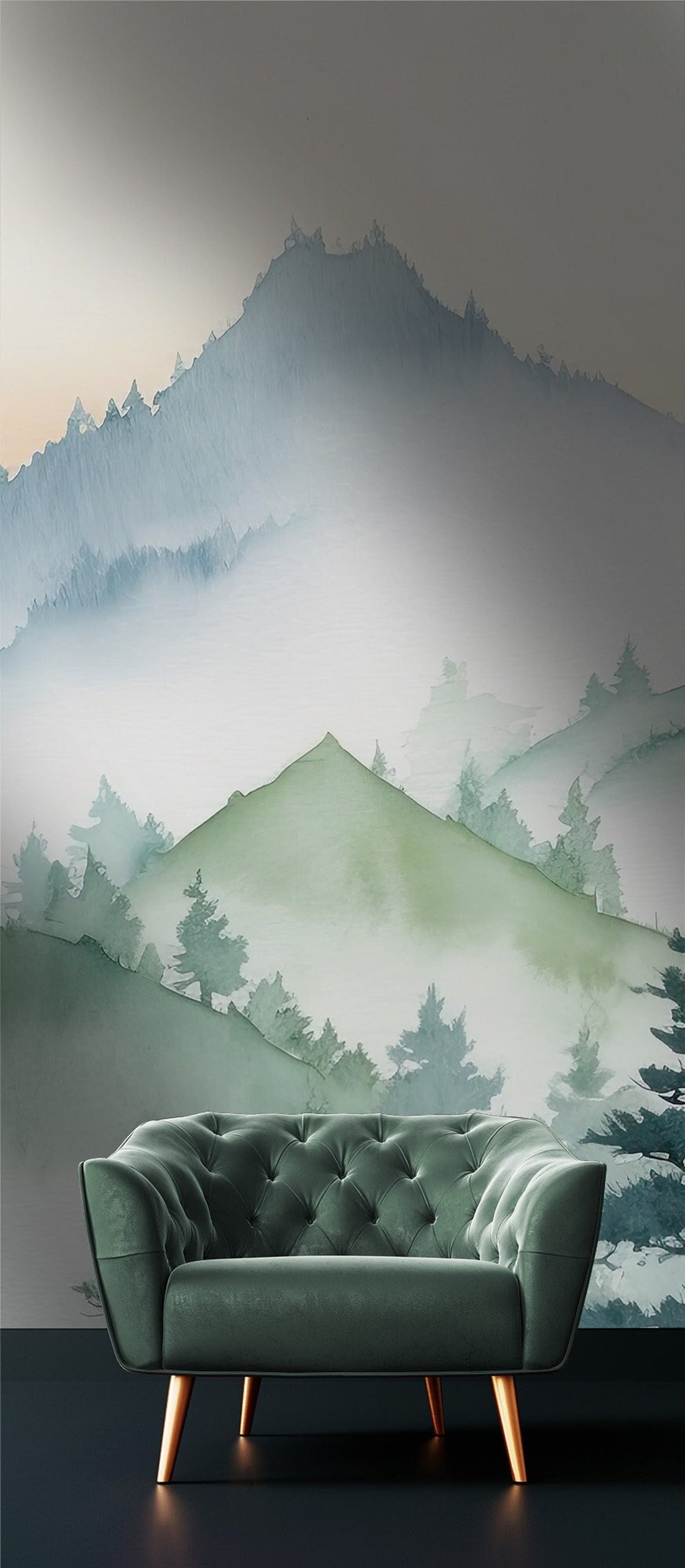 Watercolor Green Pine Tree Wallpaper, Wall Mural, Self Adhesive peel