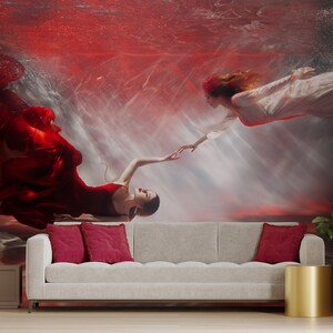 Red and white wallpaper, two women underwater, Wall Mural, Self Adhesive (Peel and Stick) or Non Self Adhesive (Vinyl/Traditional)