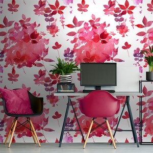 Red and pink wallpaper with leaves, Wall Mural, Self Adhesive (Peel and Stick) or Non Self Adhesive (Vinyl/Traditional)