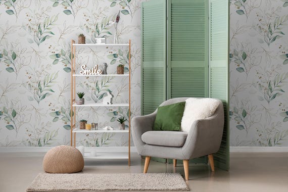 Beautiful Matte Light Green Wallpaper with Watercolor Leaves, Removable Wall Mural, Floral Peel and Stick, Self Adhesive, Wall Decor