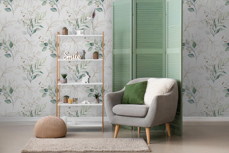 Hermoso papel tapiz verde claro mate con hojas de acuarela, mural de pared extraíble, autoadhesivo, con diseño floral. imagen 1
