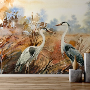 Aquarell-Tapete mit Reihern und braunen Blättern, Tapete zum Abziehen und Aufkleben, abnehmbares Wandbild, selbstklebend, Wanddekoration