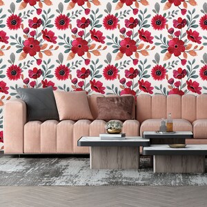 Watercolor wallpaper of red flower, Wall Mural, Removable Wallpaper, Self Adhesive, Peel and Stick, Wall Decor