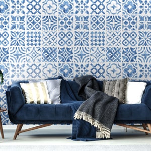 Watercolor pattern, blue and white tiles, ornament wallpaper, Removable Wallpaper, Self Adhesive, Peel and Stick, Wall Decor